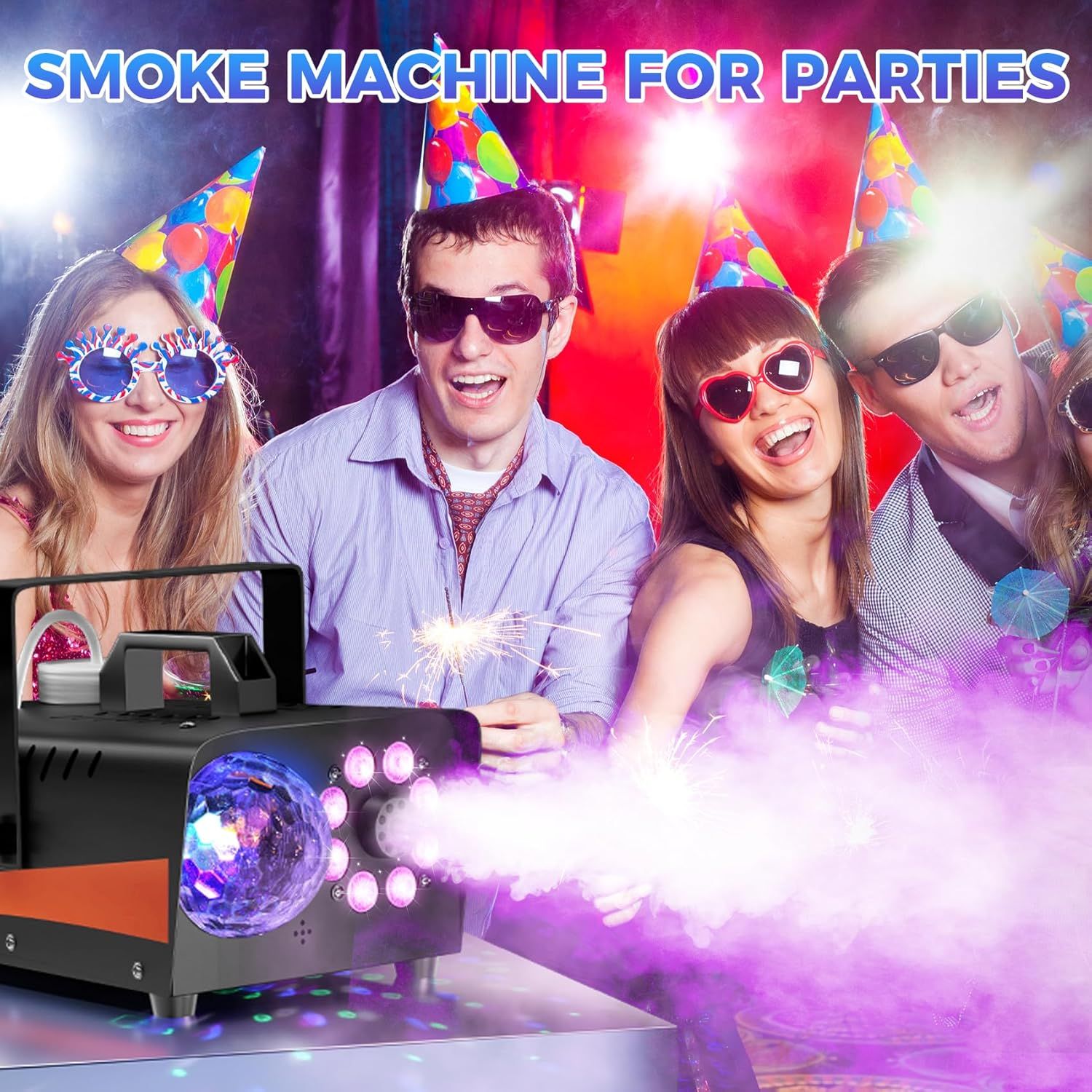 Demonstrates the smoke machine being used in a party environment to show shoppers how the product creates atmosphere and excitement at social gatherings.