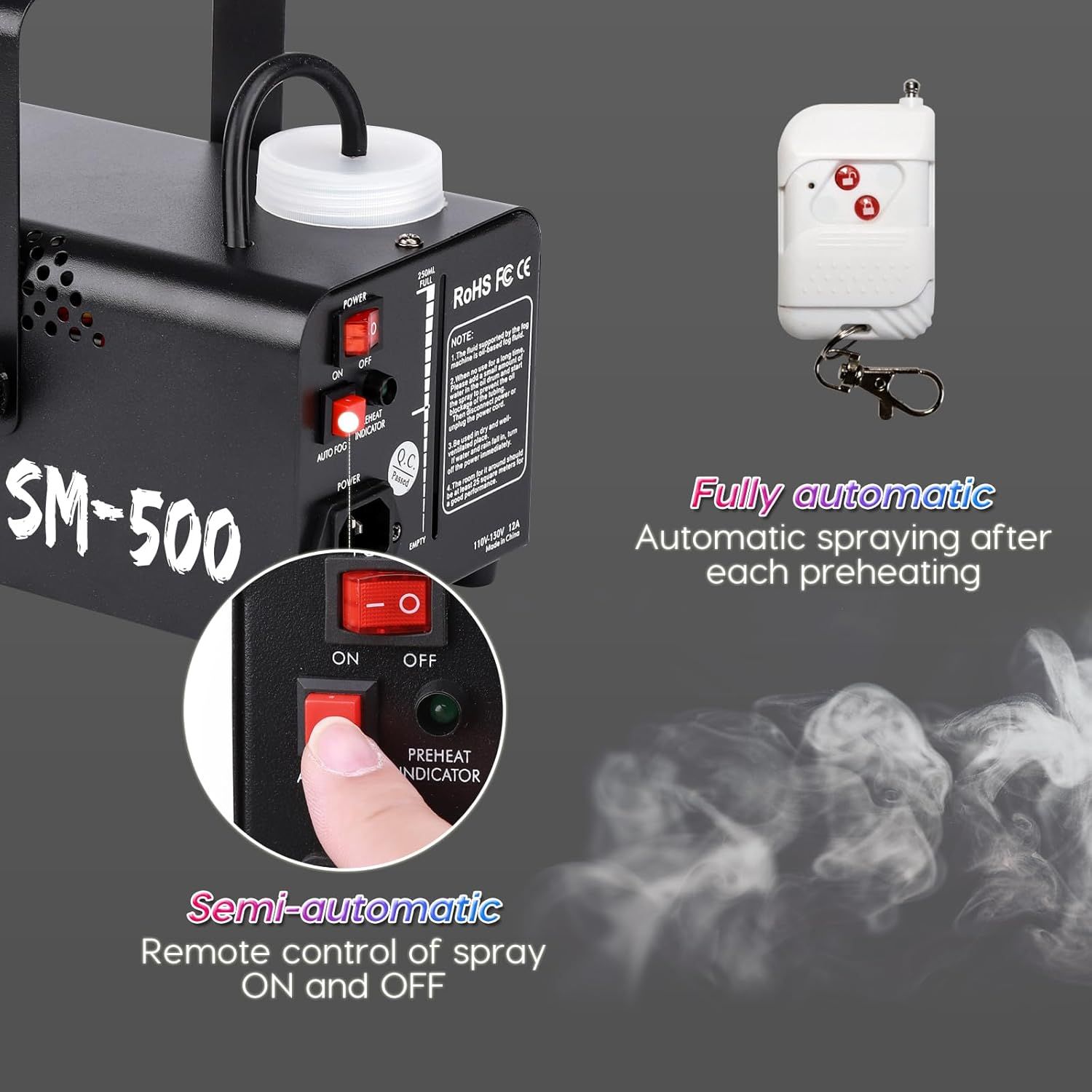 Communicates two key features of the smoke machine: fully automatic spraying after preheating and semi-automatic remote control operation, showing shoppers the convenience and control options…