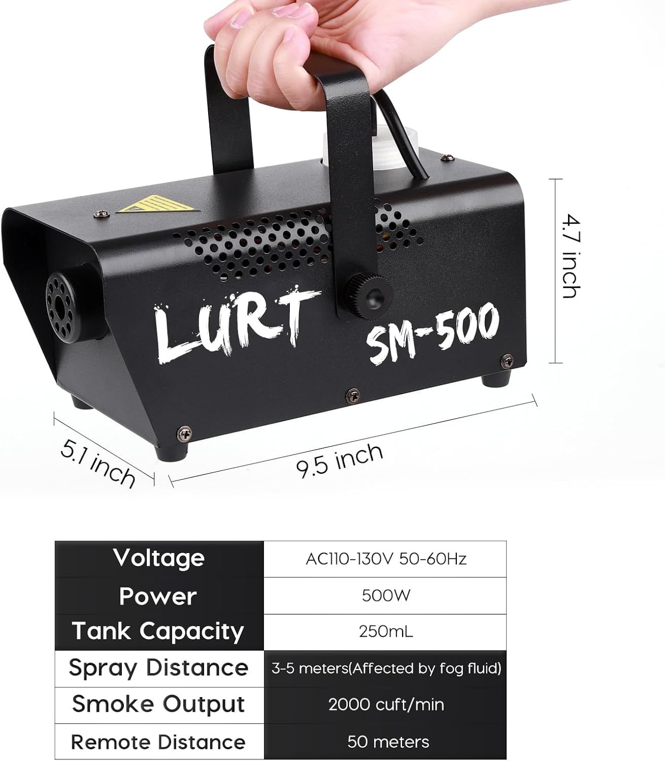 Communicates the exact physical dimensions of the smoke machine to help shoppers understand its size and portability. Provides key technical specifications including voltage, power, tank capacity,…
