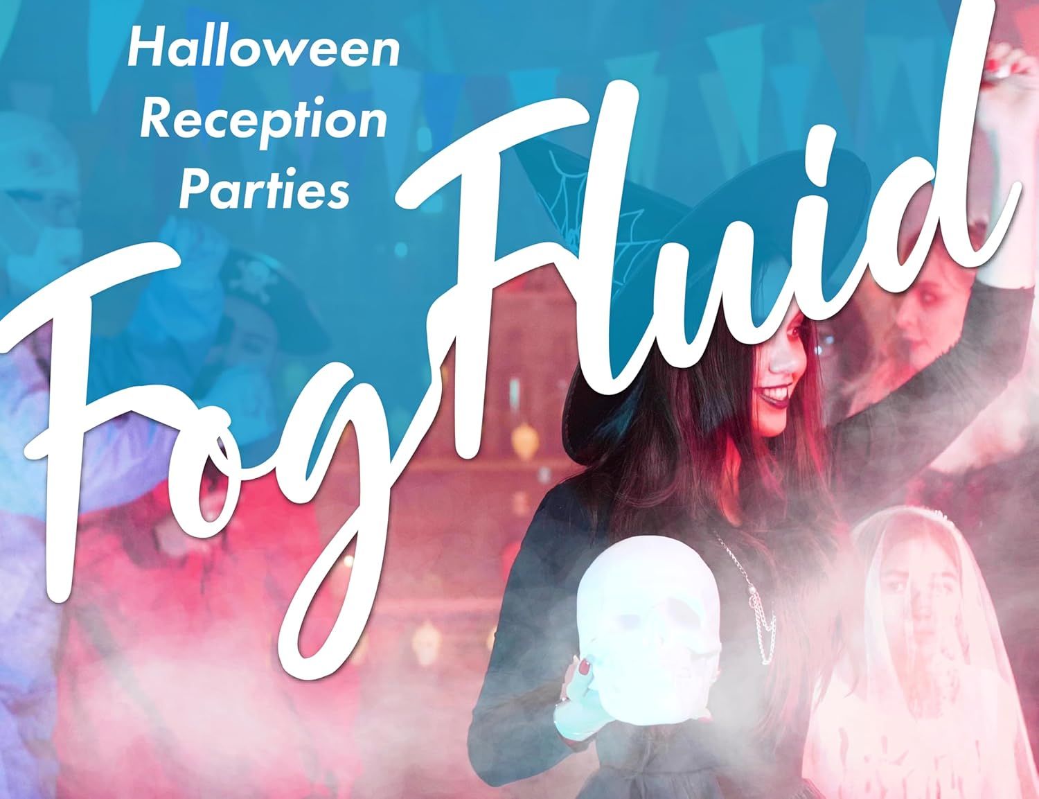 Demonstrates the product's use for creating atmospheric fog effects at Halloween parties and receptions, showing versatility for seasonal events.