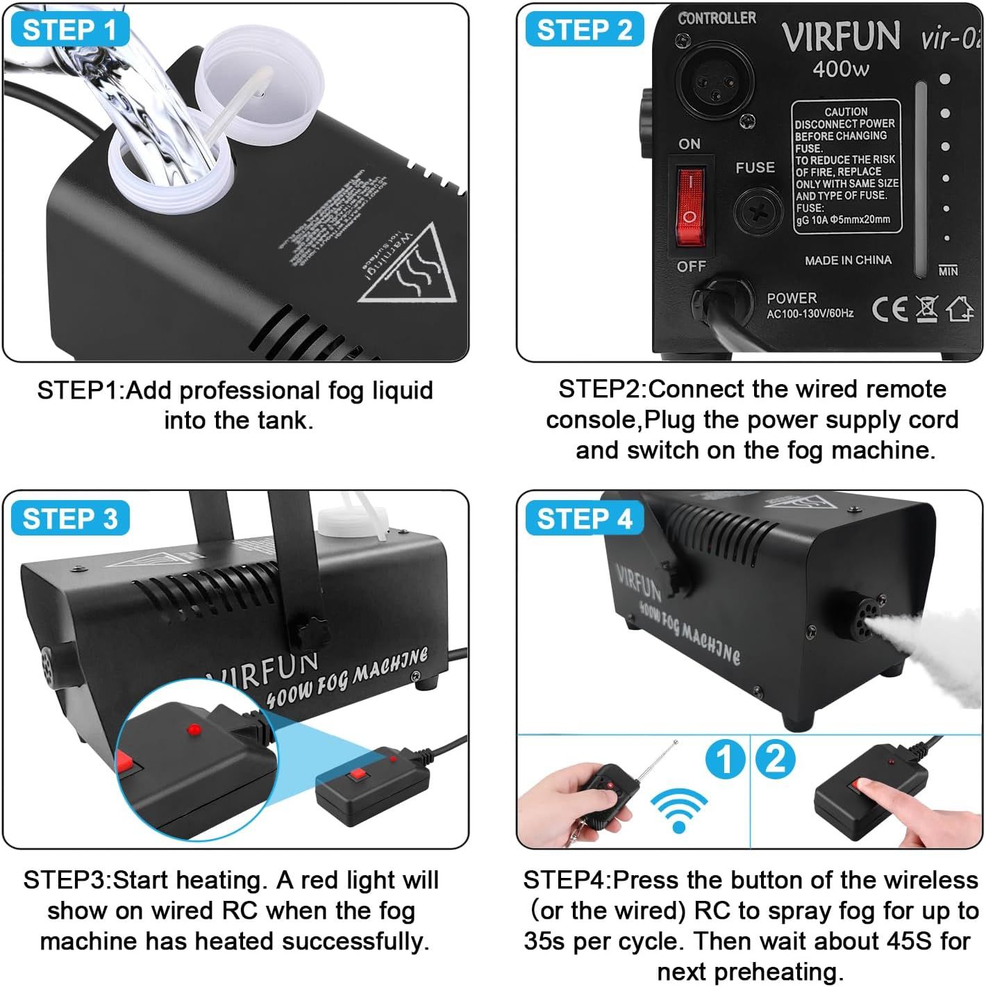 Provides step-by-step instructions on how to set up and operate the fog machine, from adding liquid to activating the fog spray, reducing friction during initial use.