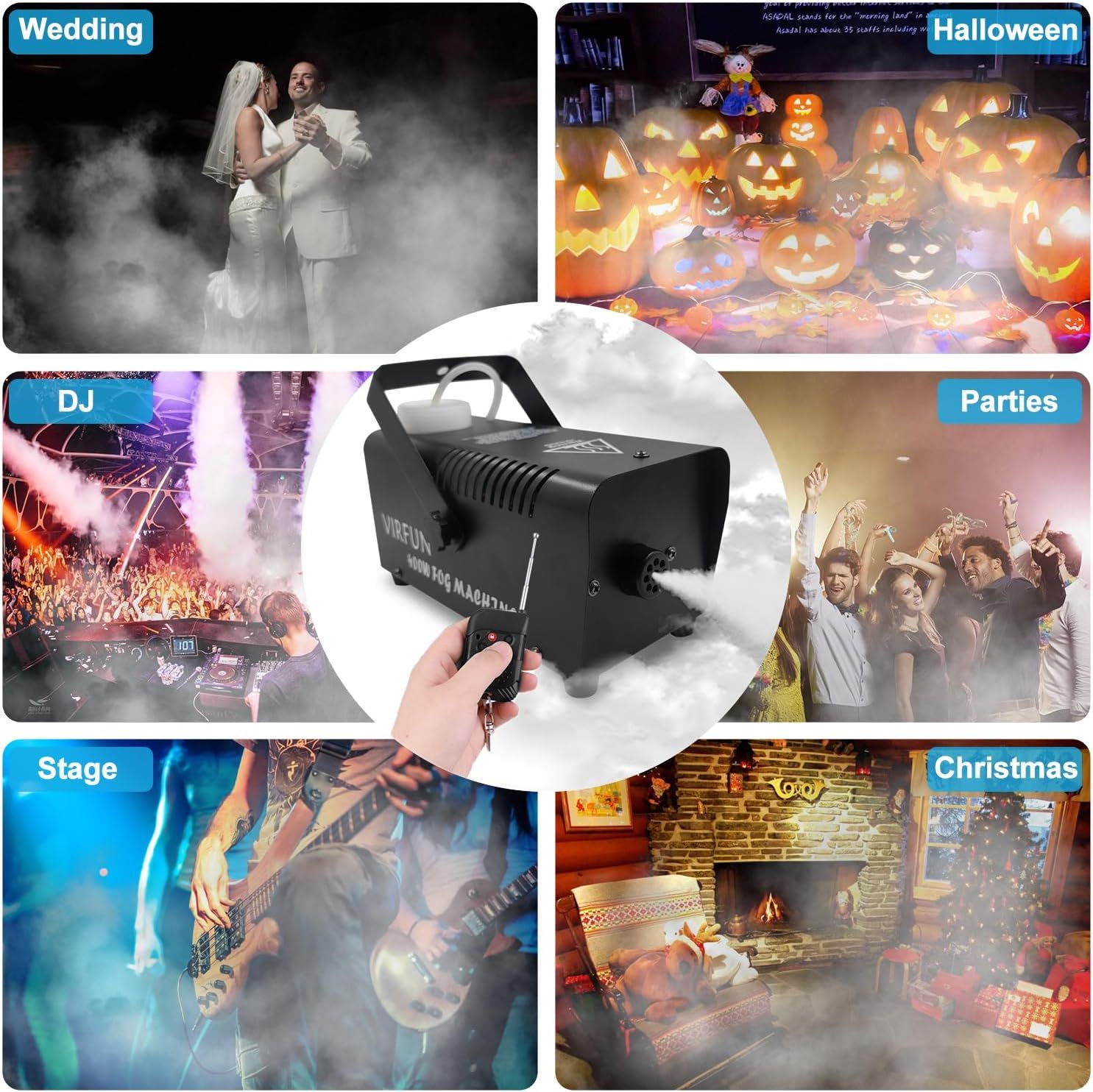 Demonstrates the versatility of the fog machine by showing it can be used across multiple occasions and environments including weddings, Halloween parties, DJ events, general parties, stage…