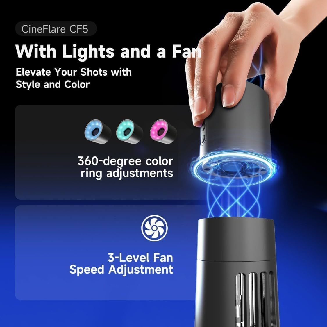 Showcases two key features of the product: customizable LED lighting with multiple color options and adjustable fan speed settings to demonstrate versatility…
