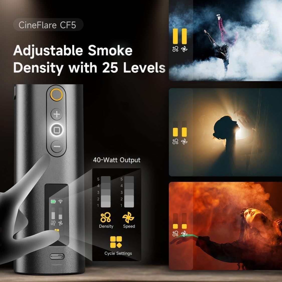 Showcases multiple key features of the smoke machine including adjustable smoke density, power output, and control options to demonstrate versatility and…