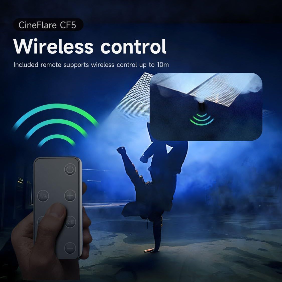 Communicates that the product includes a wireless remote control with up to 10m range, emphasizing convenience and ease of use for the customer.