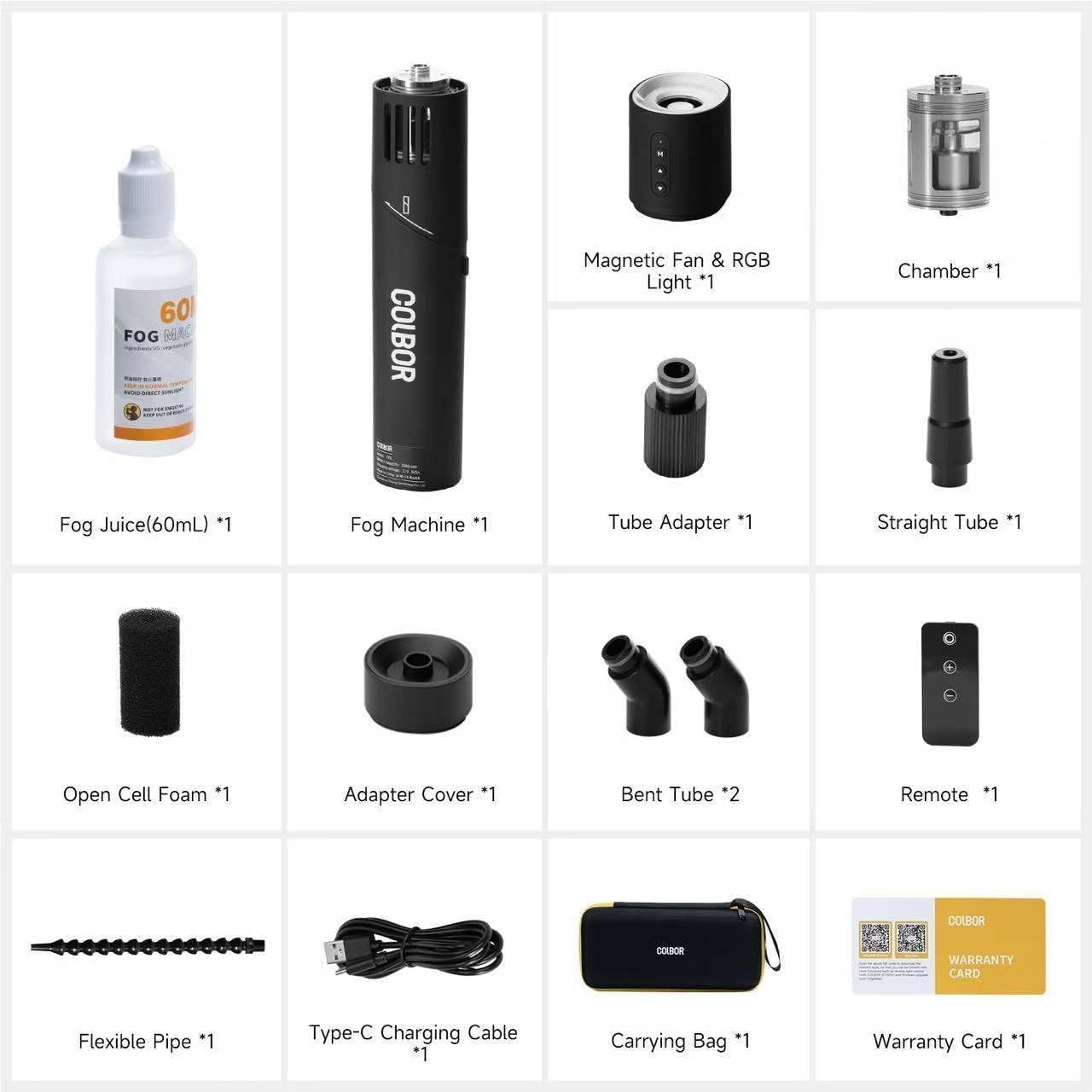 Shows all components included with the fog machine purchase to help shoppers understand the complete package they will receive, including the main device,…