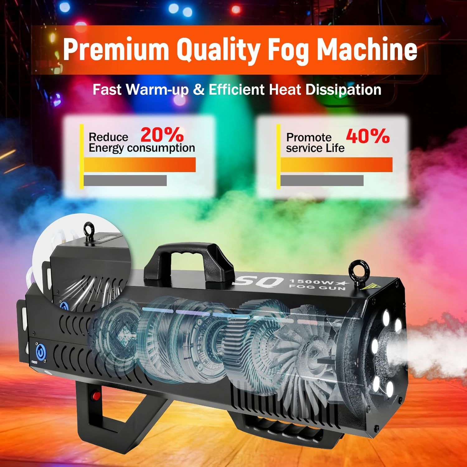 Communicates multiple technical benefits of the fog machine including fast warm-up, efficient heat dissipation, 20% reduced energy consumption, and 40% longer…