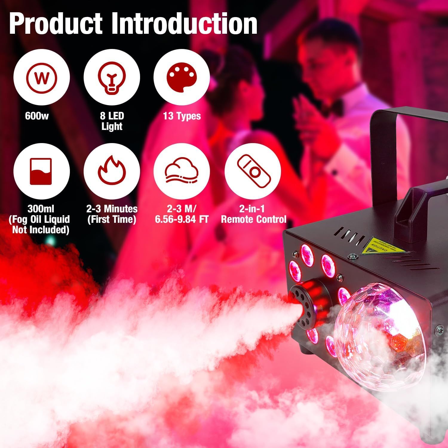 Introduces the fog machine by showcasing its seven key features and specifications to help shoppers quickly understand the product's capabilities and…