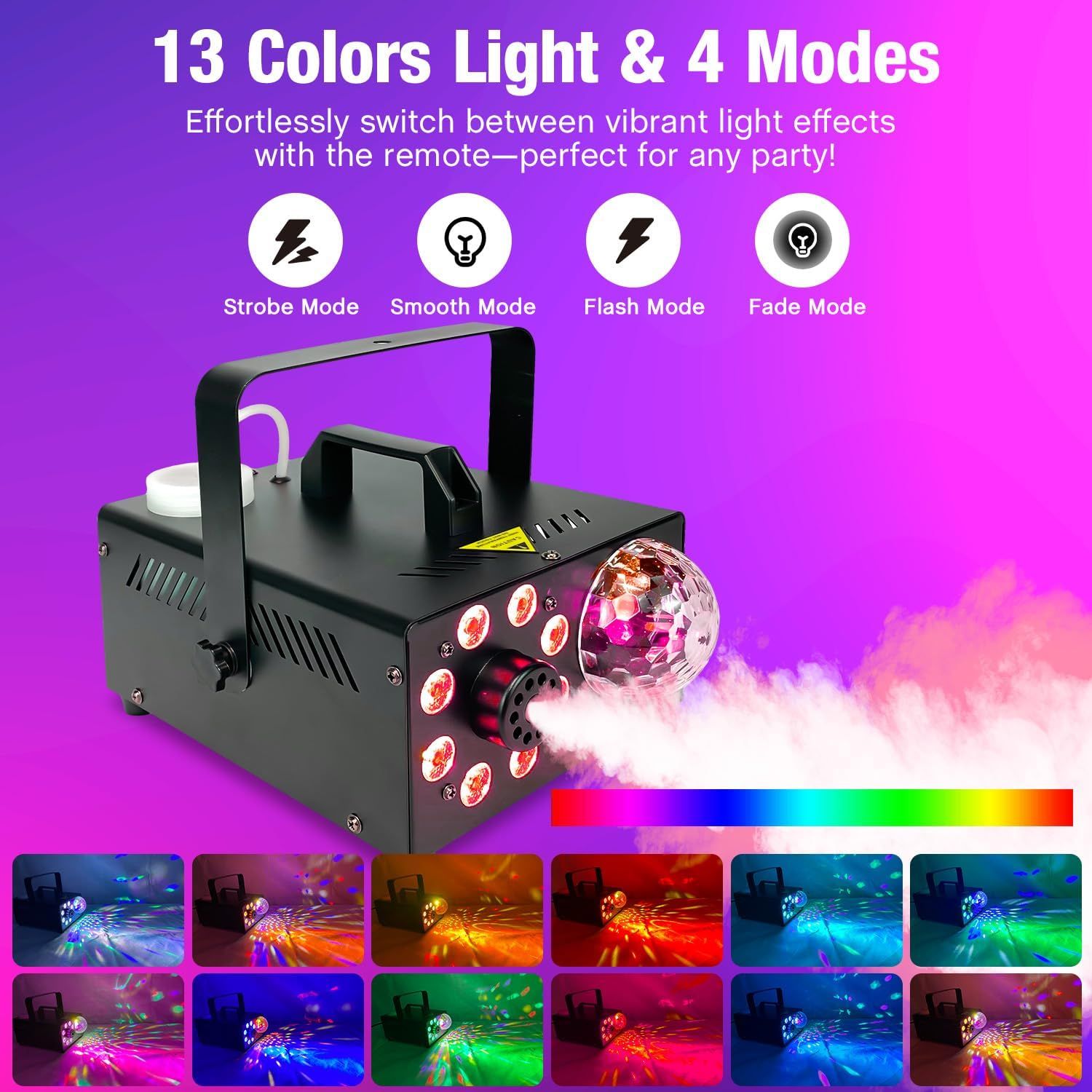 Communicates the versatility of the fog machine by showcasing multiple color options and four distinct lighting modes that can be controlled remotely for…