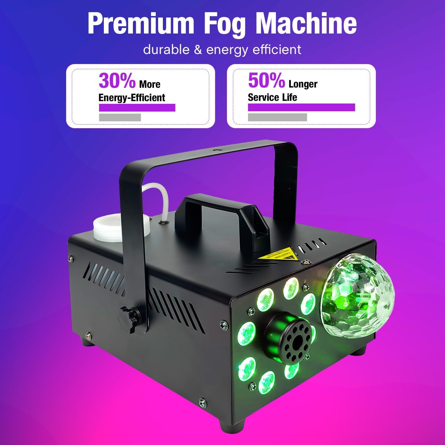 Communicates two key benefits of the fog machine: 30% more energy-efficient operation and 50% longer service life, reassuring shoppers of cost savings and…