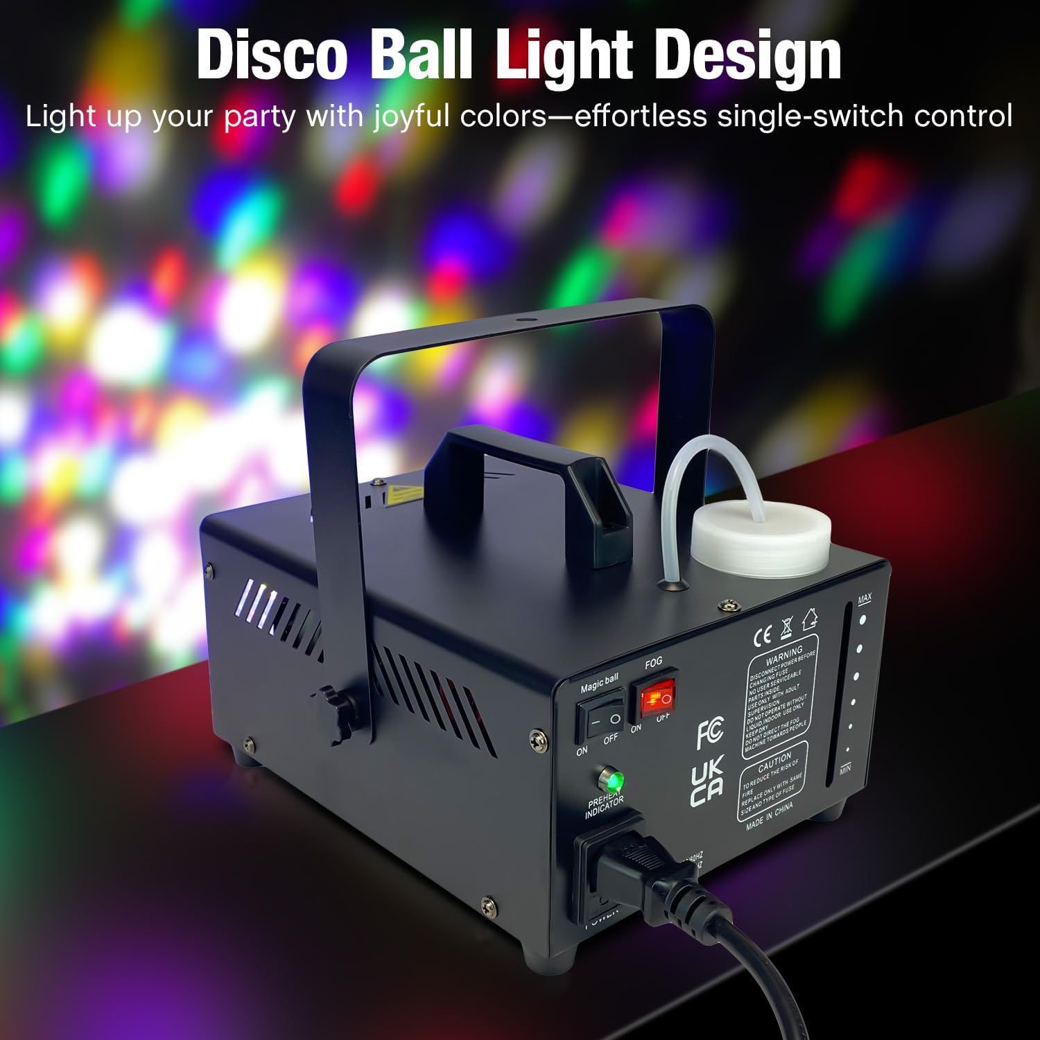 Highlights the disco ball light design feature that creates joyful party colors with effortless single-switch control to show ease of use and party atmosphere…