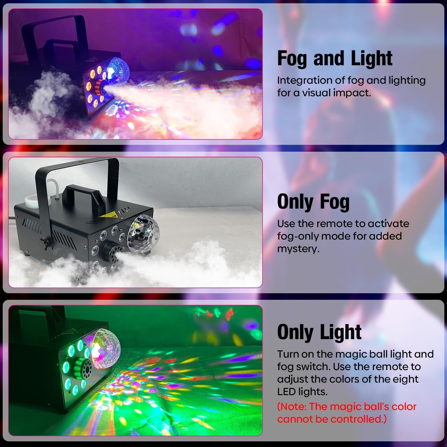 Demonstrates the three different operating modes of the fog and light machine, showing versatility and multiple use cases for creating different atmospheric…