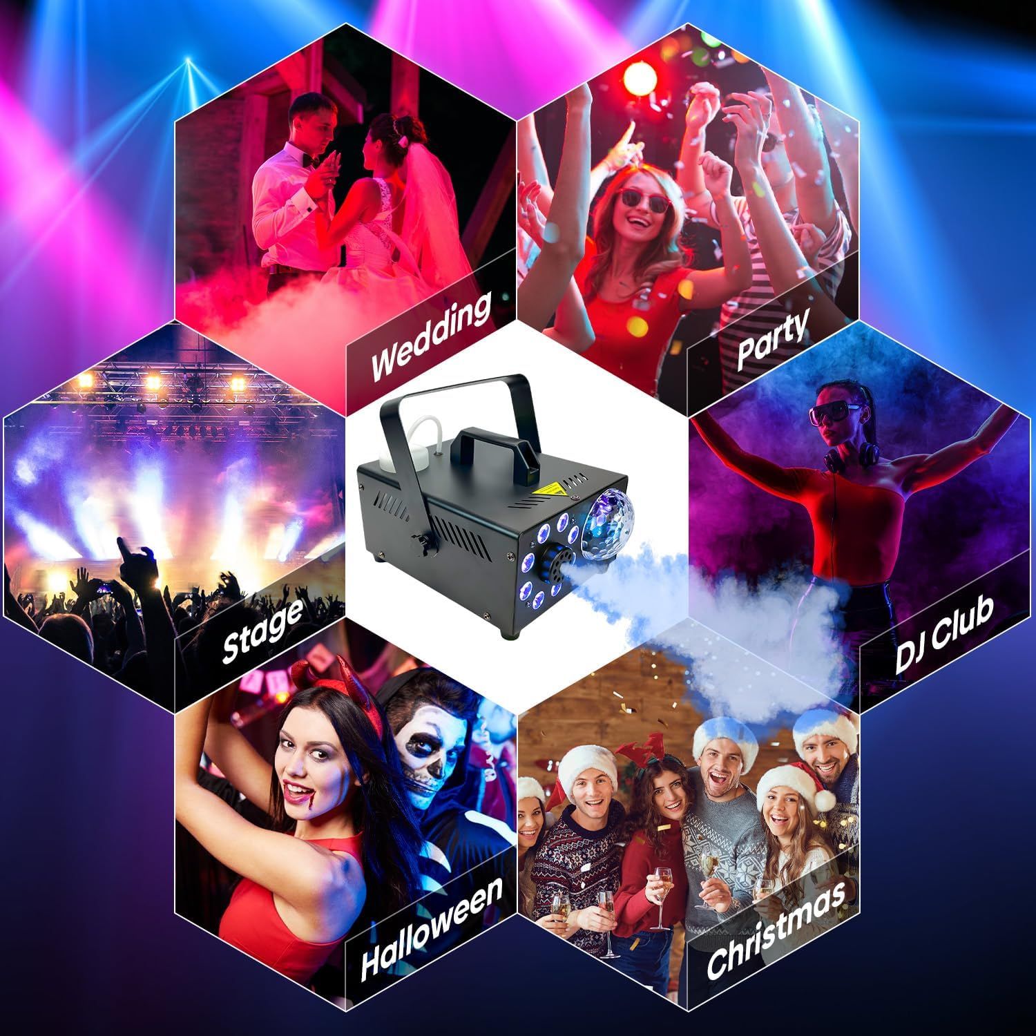 Demonstrates the versatility of the fog/lighting machine by showing it can be used across multiple event types and occasions, from weddings and parties to seasonal celebrations.