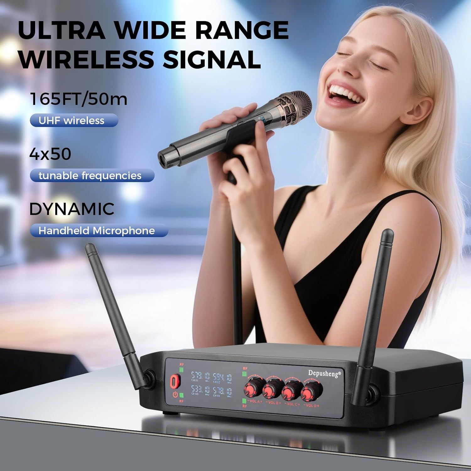 Showcases multiple key features of the wireless microphone system including its extended range, frequency options, and microphone type to help shoppers…