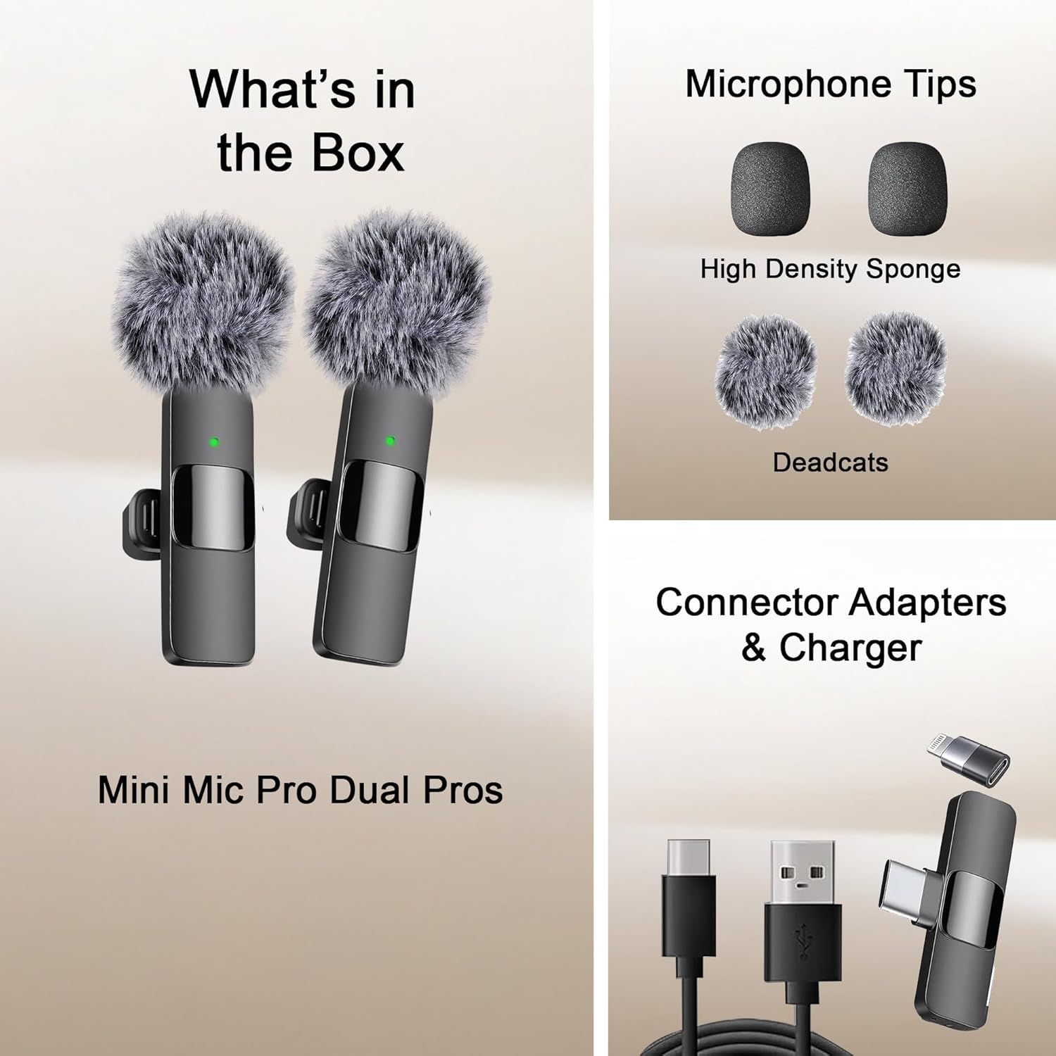 Shows everything included in the purchase: dual microphones, multiple tip options (high density sponge and deadcats), and connector adapters with charger to set clear expectations for the buyer.