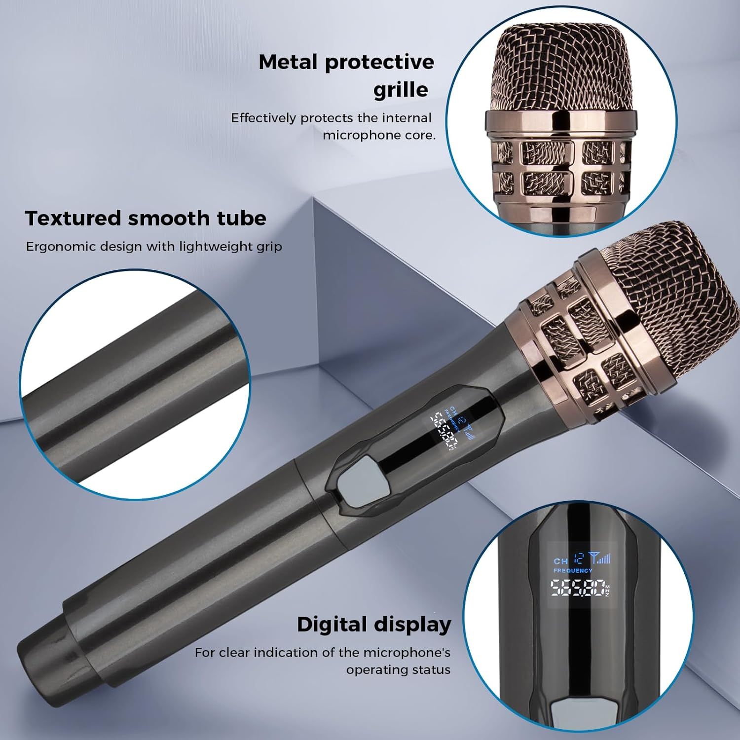This image breaks down the microphone by highlighting specific parts and features with callouts and zoomed-in views to help shoppers understand the physical…