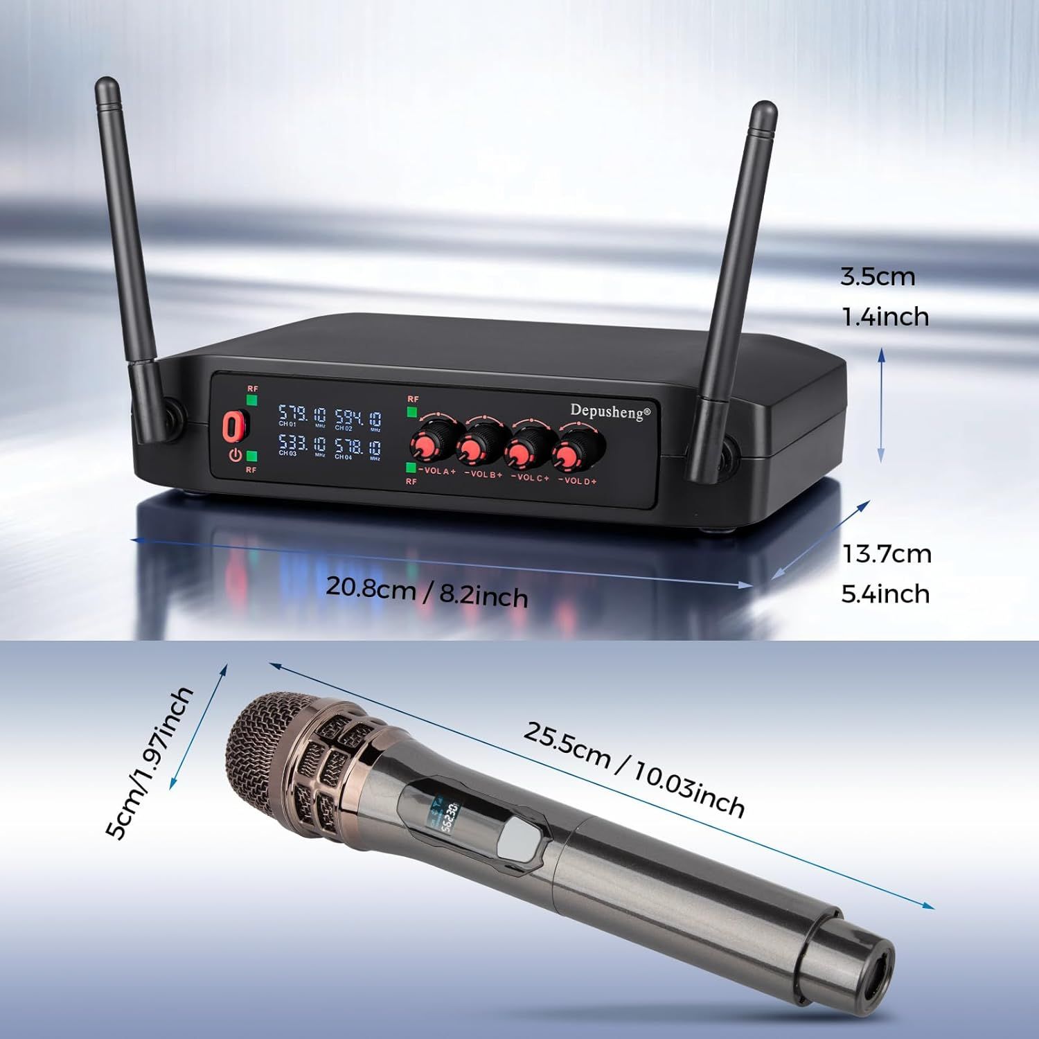 Communicates the exact physical dimensions of both the wireless receiver unit and microphone to help shoppers understand the size and ensure it fits their needs.