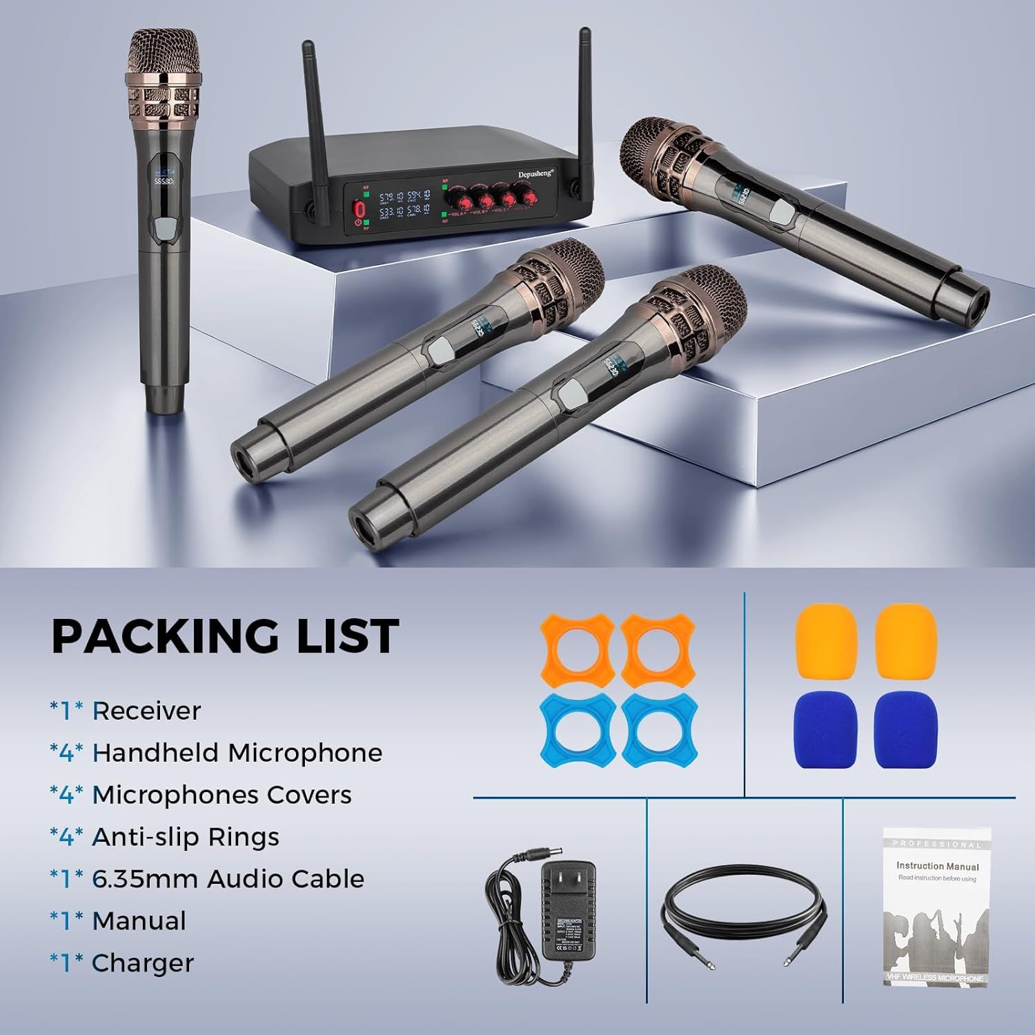 Shows everything included in the purchase: receiver, 4 handheld microphones, covers, anti-slip rings, audio cable, manual, and charger to help shoppers…