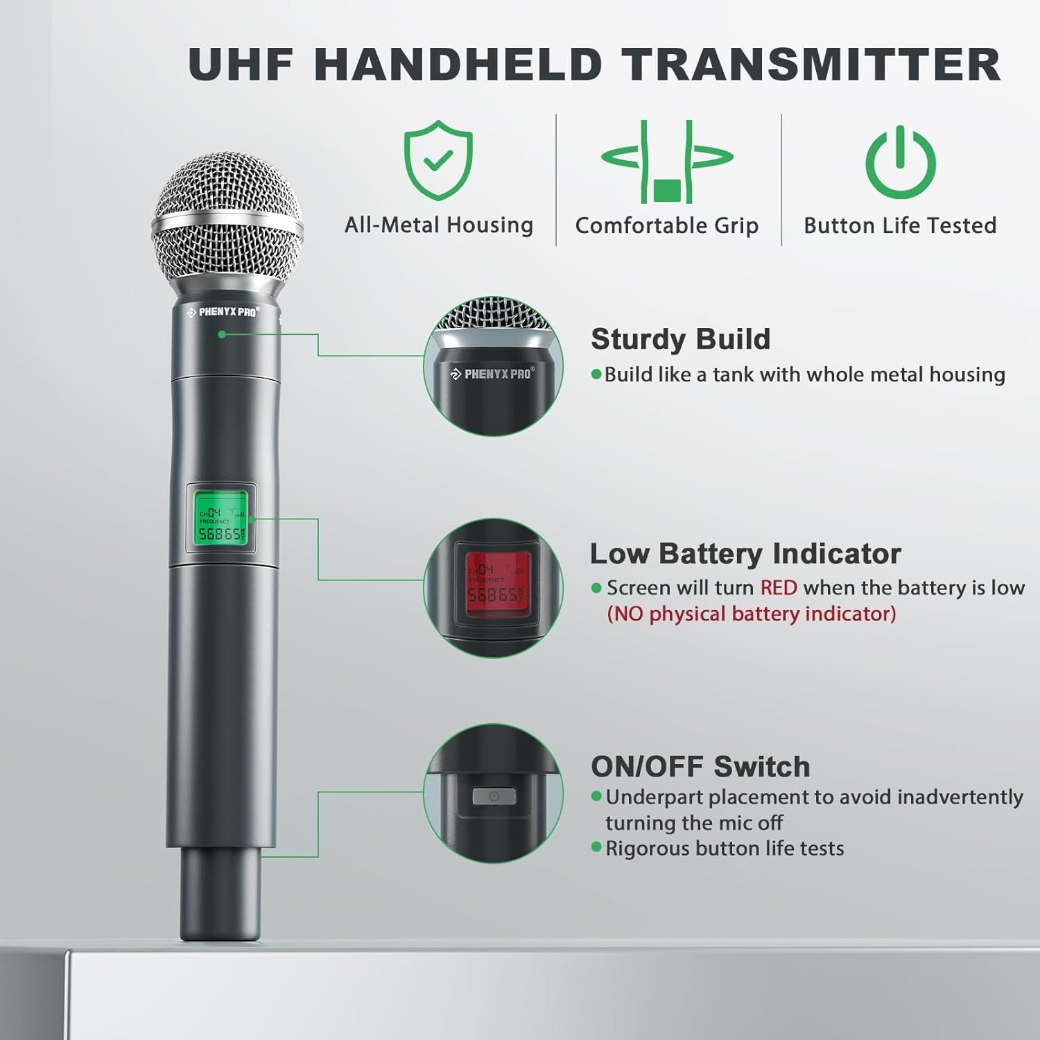 This image breaks down the UHF handheld transmitter by highlighting specific parts and features with callouts and zoomed-in views, helping shoppers understand the physical components and functional…