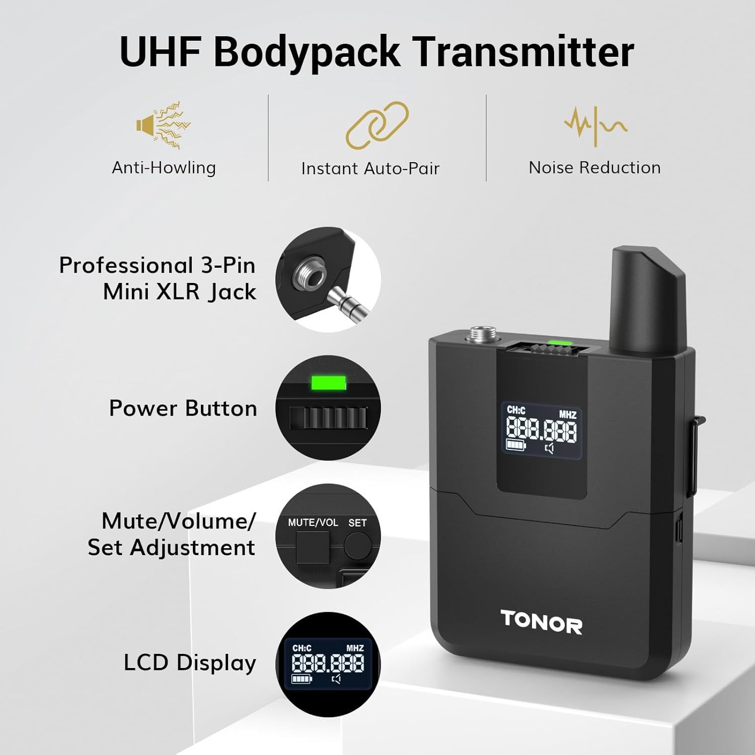 This image breaks down the UHF Bodypack Transmitter by labeling and highlighting its key physical components and functional features, helping shoppers…