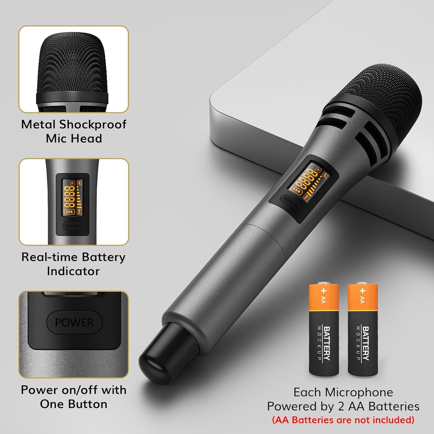 Showcases multiple key features of the wireless microphone including durability, battery monitoring, ease of use, and power requirements to help shoppers…