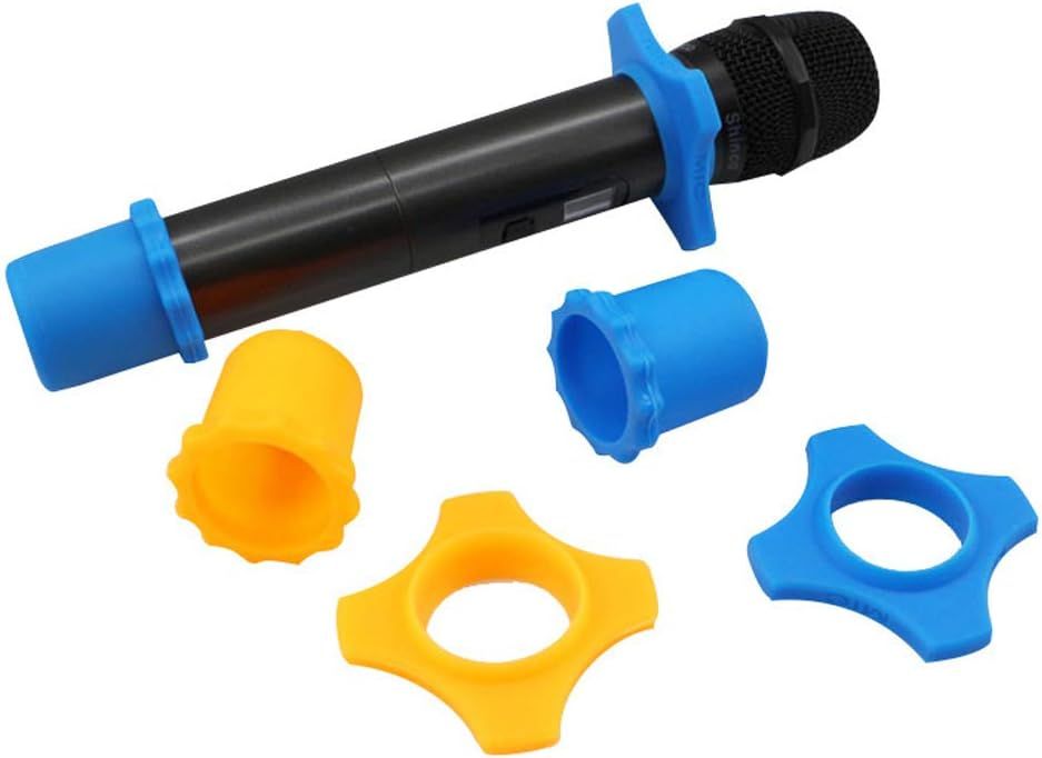 Shows all the components included with the microphone purchase, including the main microphone unit and various colored grip attachments to reassure shoppers…