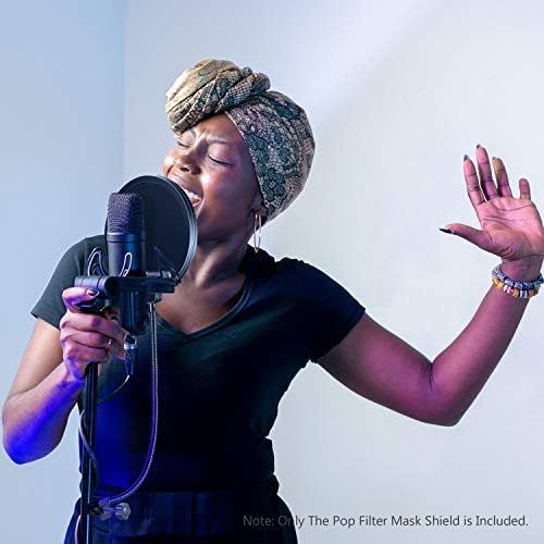 Shows the product being used in a real-world recording or performance context to help shoppers visualize how the pop filter works during vocal recording sessions.