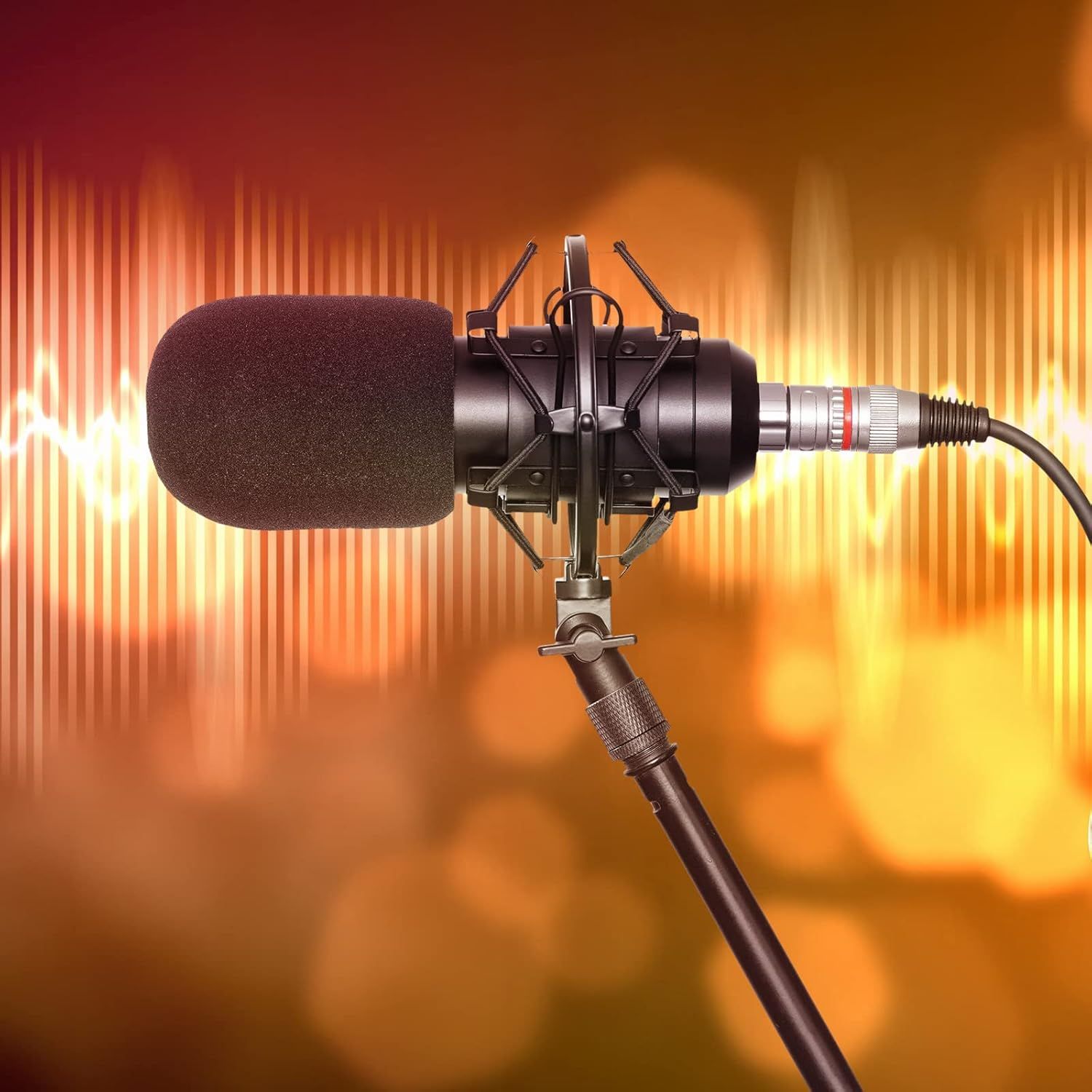 Shows the microphone in a real-world studio environment with sound wave visualization to help shoppers visualize the product in use for podcasting, streaming, or recording.