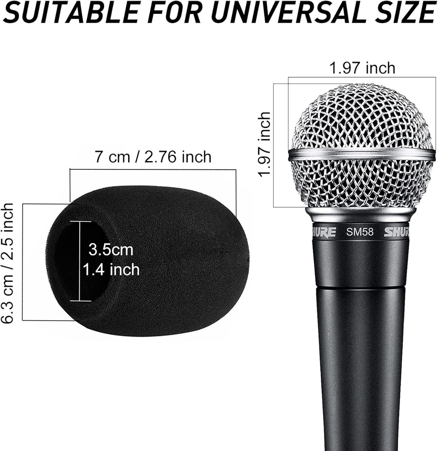 Communicates the exact dimensions of the microphone windscreen and microphone to help shoppers understand the size and confirm compatibility with their…