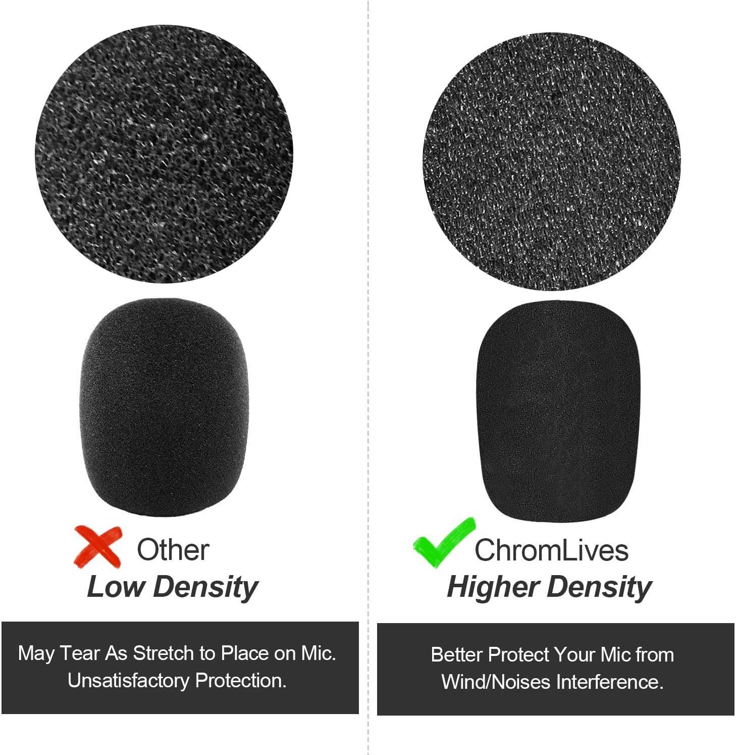Compares the product's higher density foam microphone cover against competitors to show superior durability and wind noise protection.