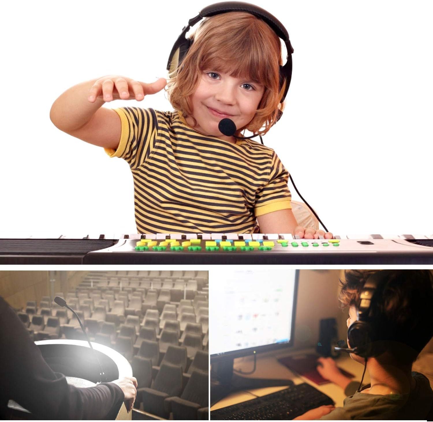 Demonstrates the versatility of the headset by showing it can be used across different scenarios including children using it for music, professional studio recording, and gaming or computer work.