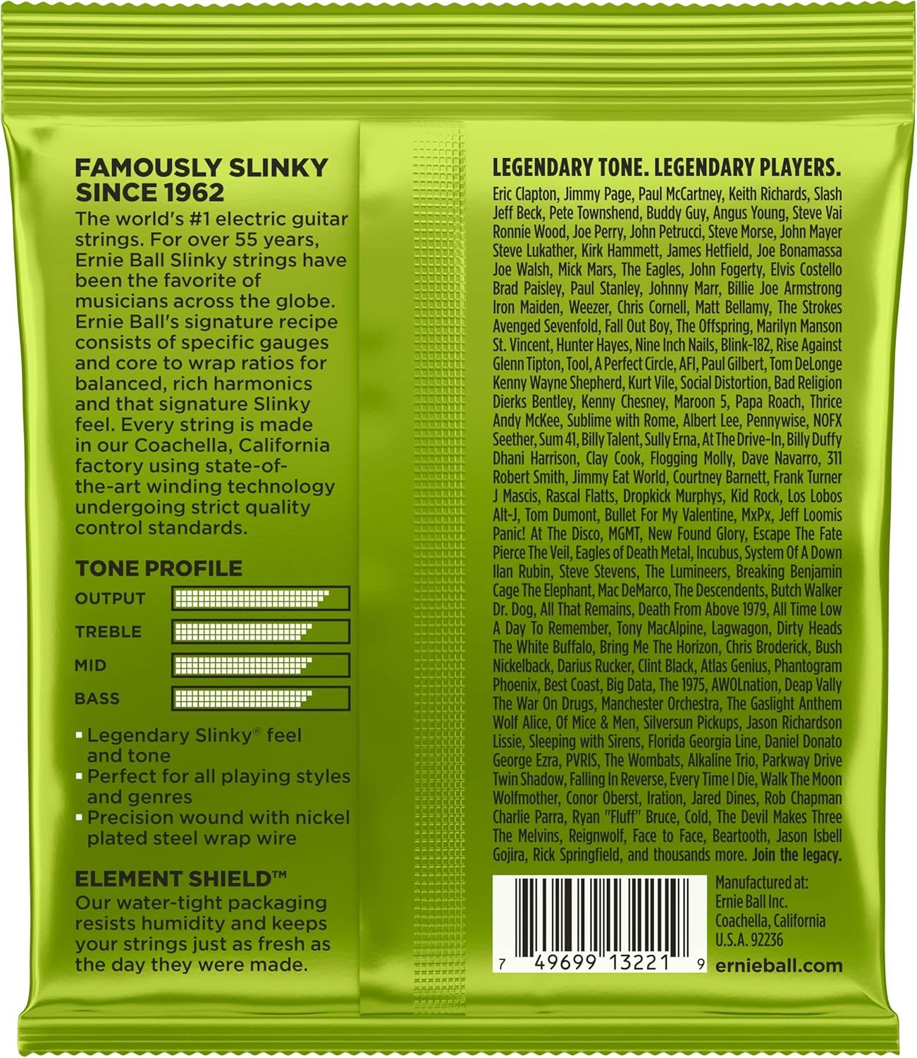 Communicates multiple key selling points of the guitar strings including tone profile, versatility, manufacturing quality, and packaging protection to help shoppers understand the comprehensive…