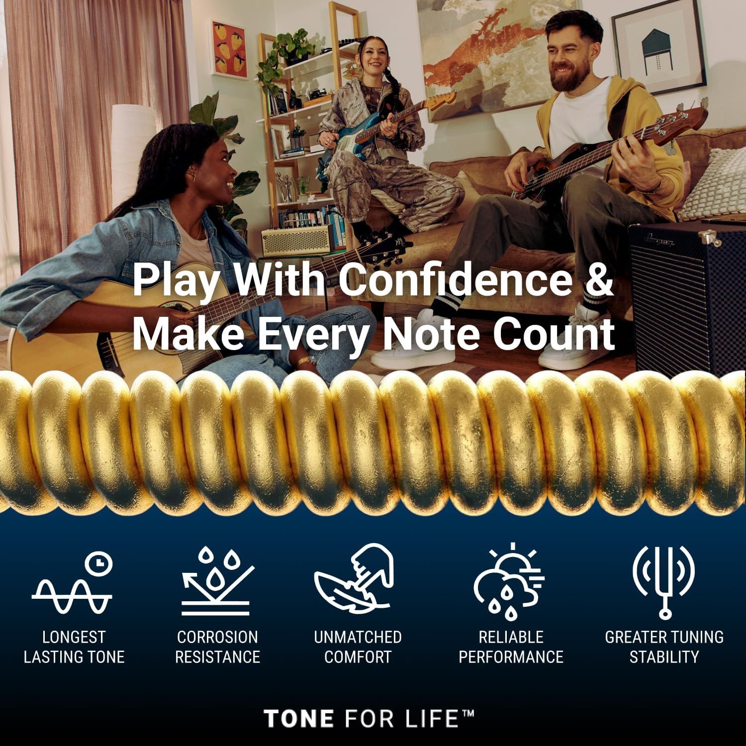Showcases five key benefits of the guitar strings to demonstrate comprehensive product value and reassure musicians of quality and performance across multiple…