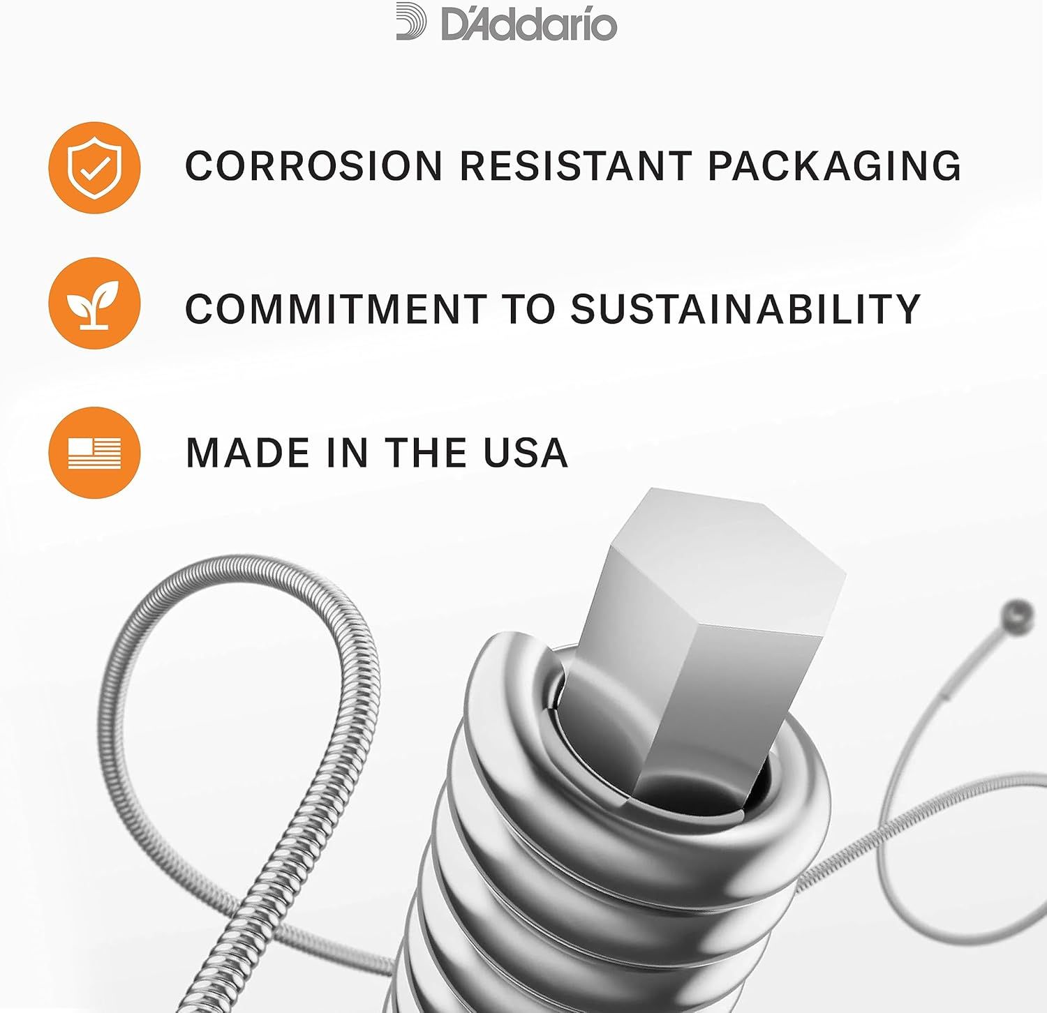 Communicates three key product benefits to reassure shoppers about quality, environmental responsibility, and domestic manufacturing.