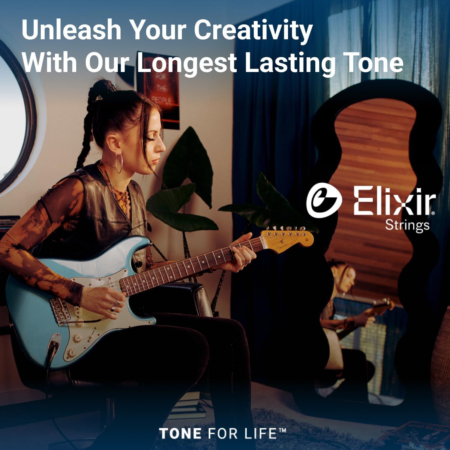 Communicates that Elixir Strings provide the longest lasting tone, appealing to musicians who want durability and sustained sound quality.