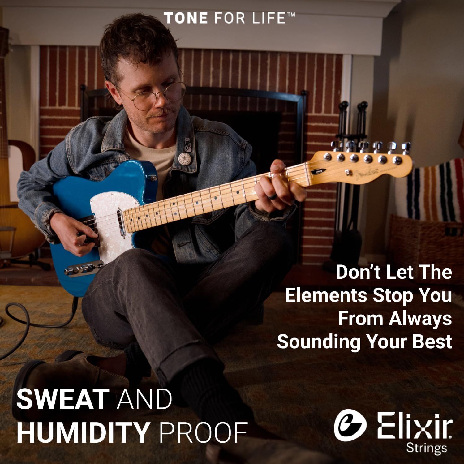 Communicates that the guitar strings are resistant to sweat and humidity, ensuring consistent tone and durability for musicians in any environment.
