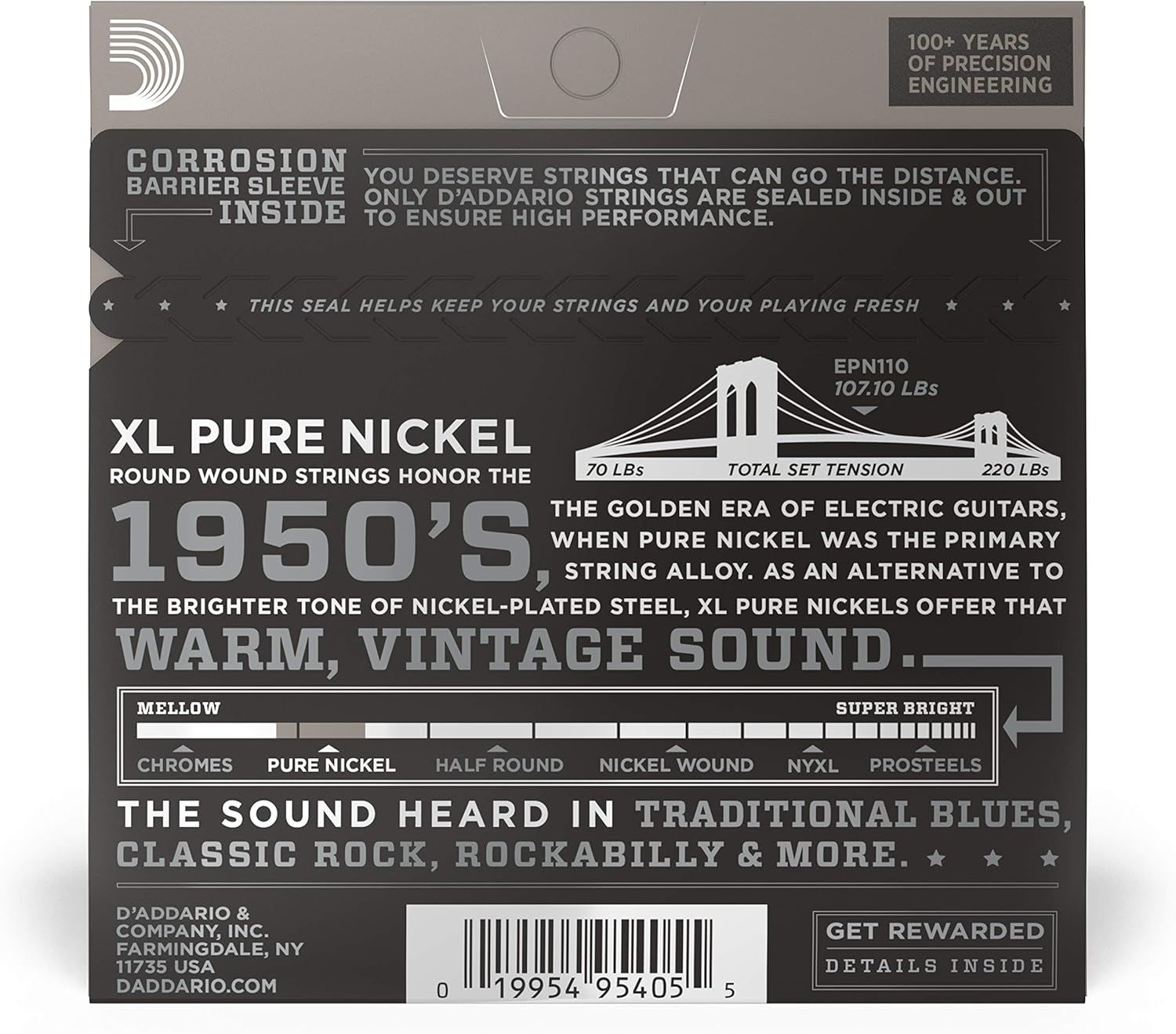 Communicates multiple selling points of the guitar strings including corrosion protection, pure nickel composition for vintage tone, and heritage positioning…