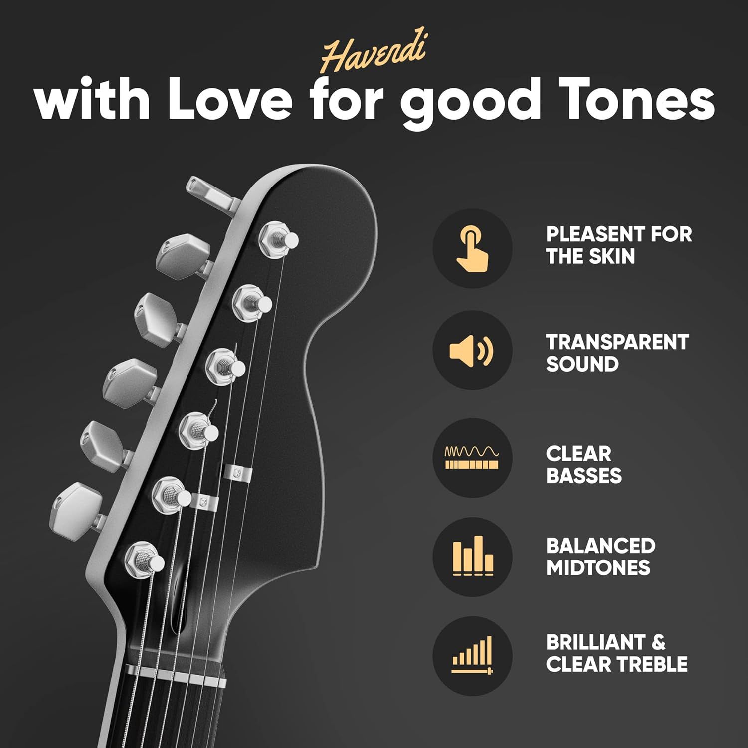 Showcases five distinct audio and comfort benefits of the guitar strings to help shoppers understand the comprehensive quality and performance features of the…