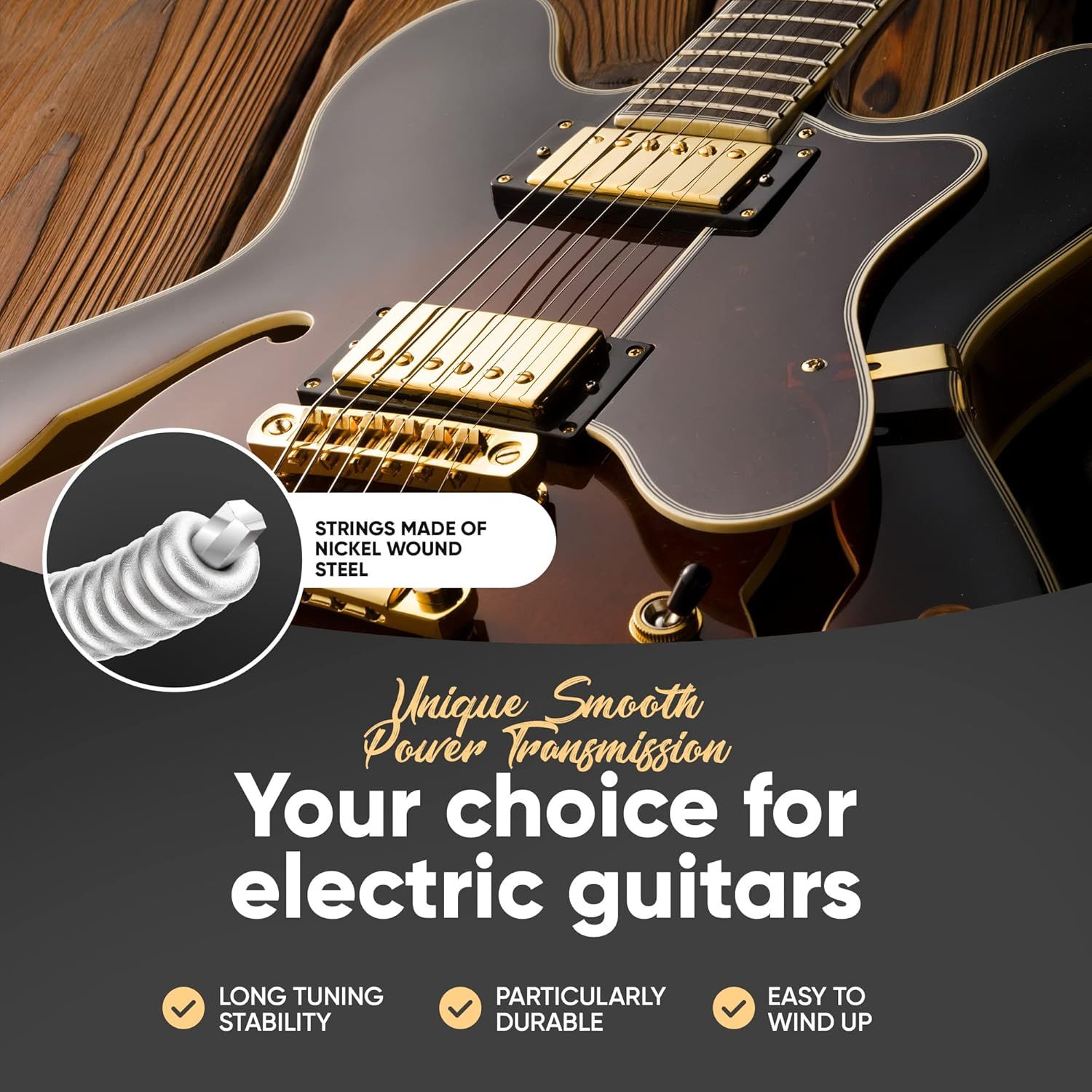 Showcases multiple benefits of the guitar strings including material composition, tuning stability, durability, and ease of use to convince shoppers this is…