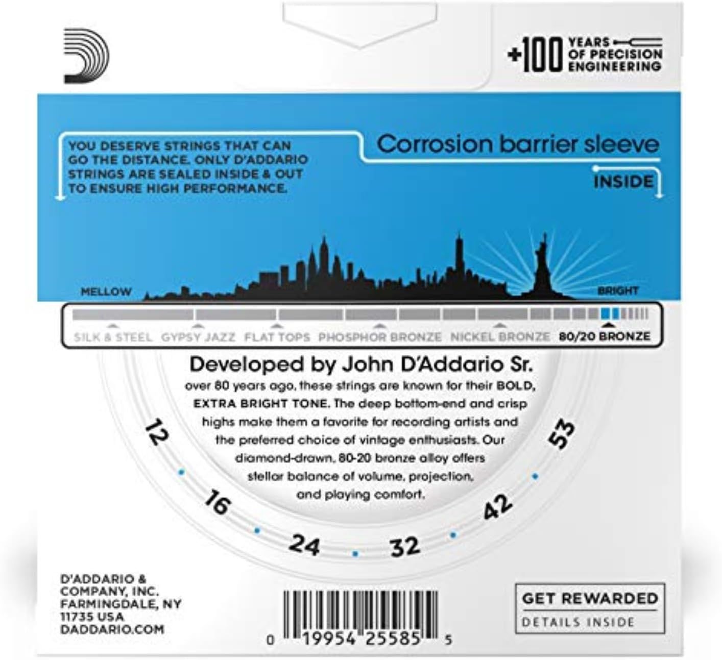 Communicates multiple selling points of the guitar strings including the protective corrosion barrier technology, the specific bronze alloy composition, tonal…