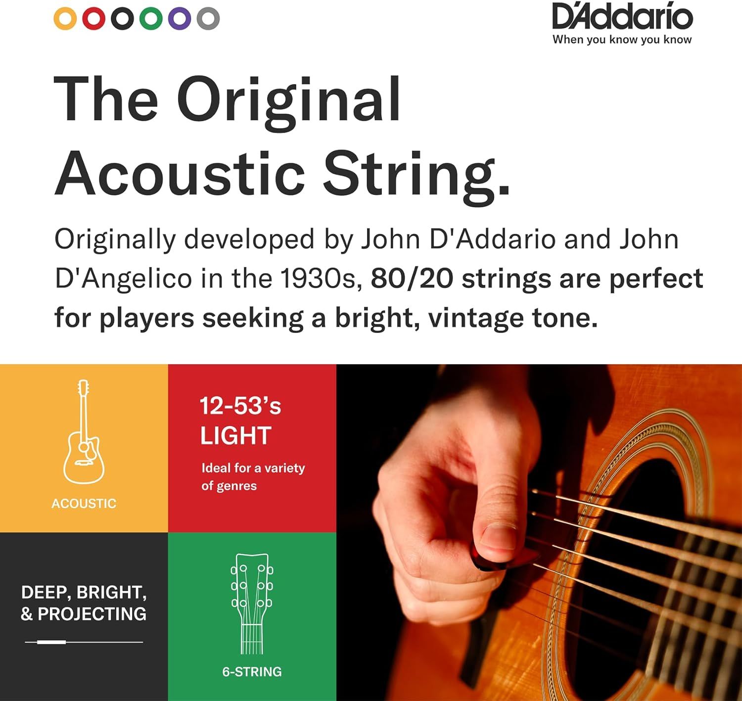 Communicates multiple key features of the D'Addario acoustic guitar strings including the string type, gauge, tonal characteristics, and heritage to help…