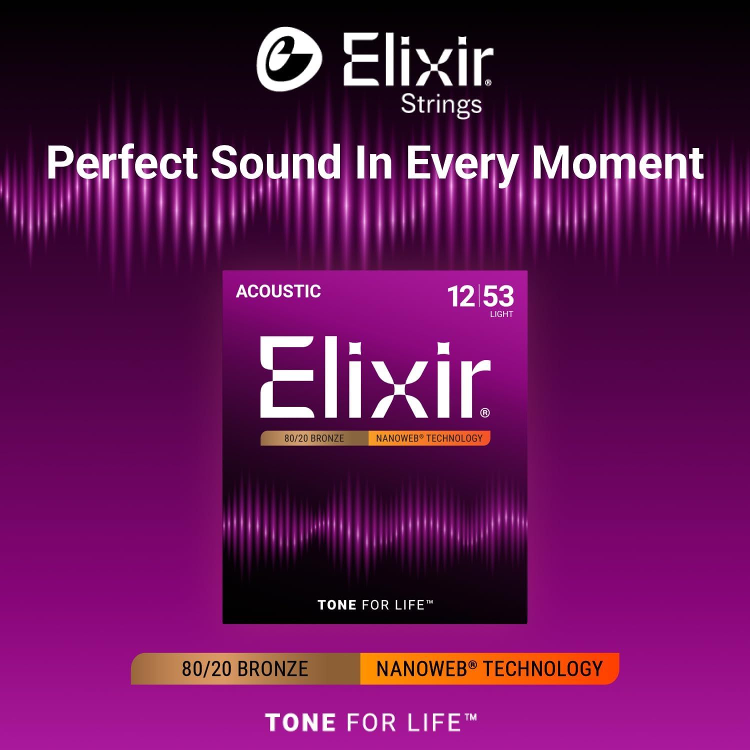 Emphasizes the Elixir Strings brand identity and emotional positioning with the tagline Perfect Sound In Every Moment and TONE FOR LIFE to build brand trust…
