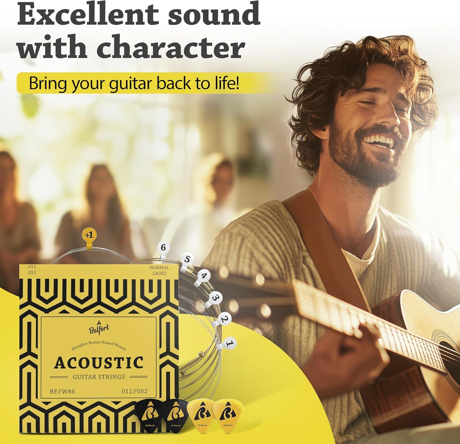 Communicates that the acoustic guitar strings deliver excellent sound with character, reassuring musicians about the quality and performance of the product.