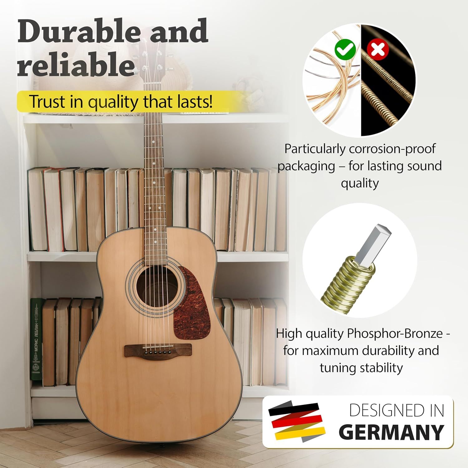 Communicates multiple durability and quality features of the guitar strings, including corrosion-proof packaging for lasting sound quality and high-quality…