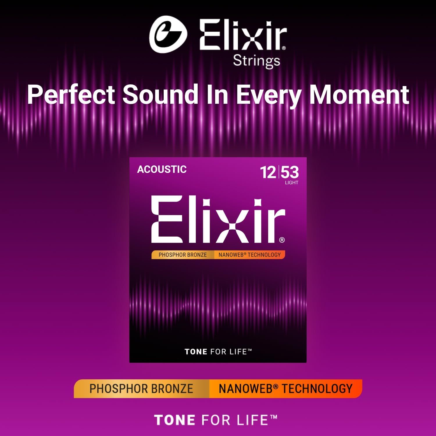 Emphasizes the Elixir brand identity and emotional positioning with the slogan Perfect Sound In Every Moment and Tone for Life to build trust and brand…