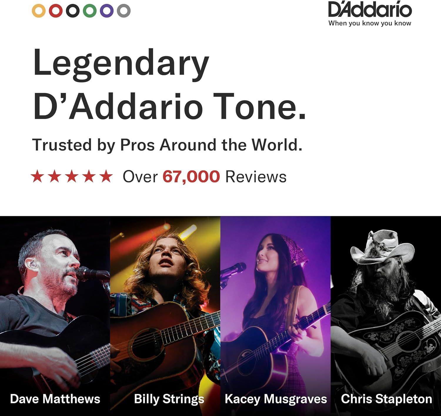 Reinforces D'Addario's brand authority and trust by highlighting legendary tone, professional endorsements from famous musicians, and over 67,000 reviews to…