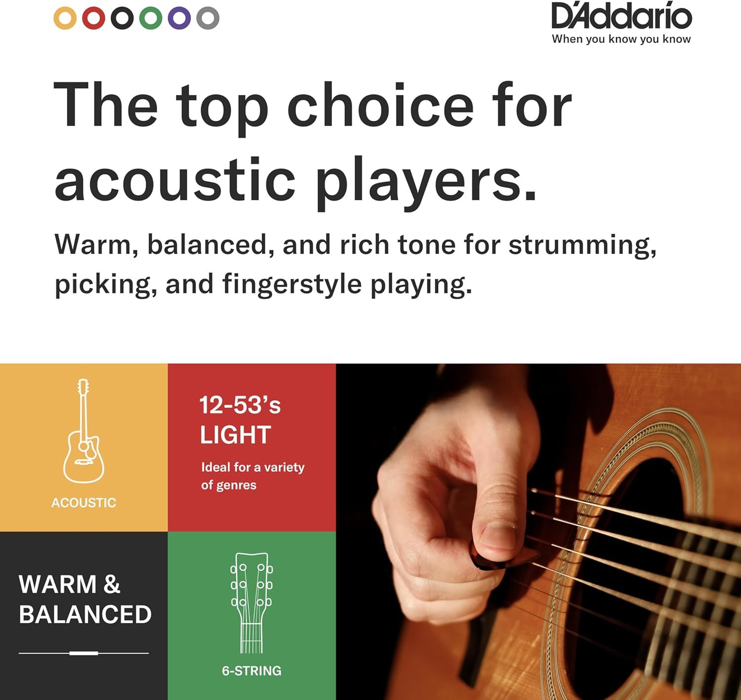 Communicates multiple key features of the guitar strings including gauge type, tonal qualities, and compatibility to help acoustic players understand why this…