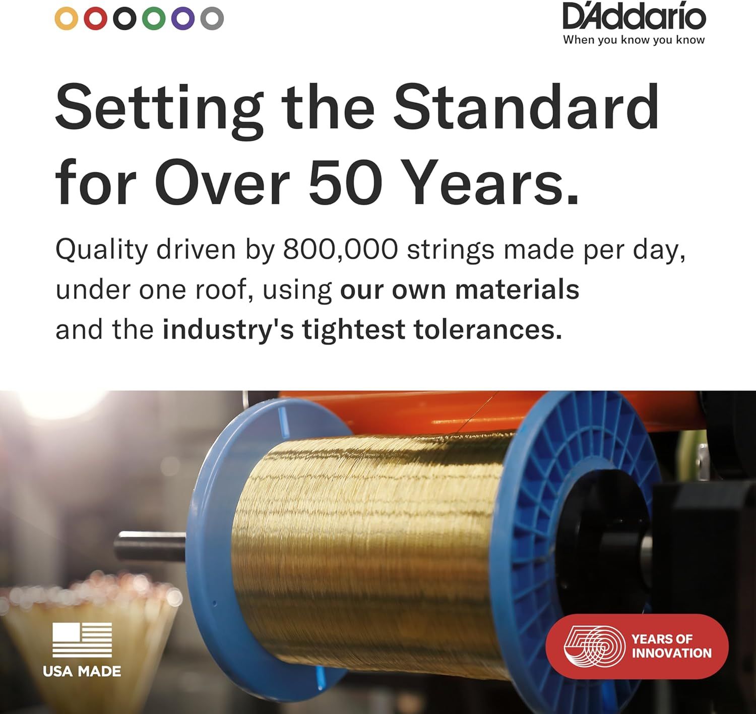 Emphasizes D'Addario's 50+ year legacy, manufacturing scale, proprietary materials, and quality standards to build trust and reinforce brand authority in the…