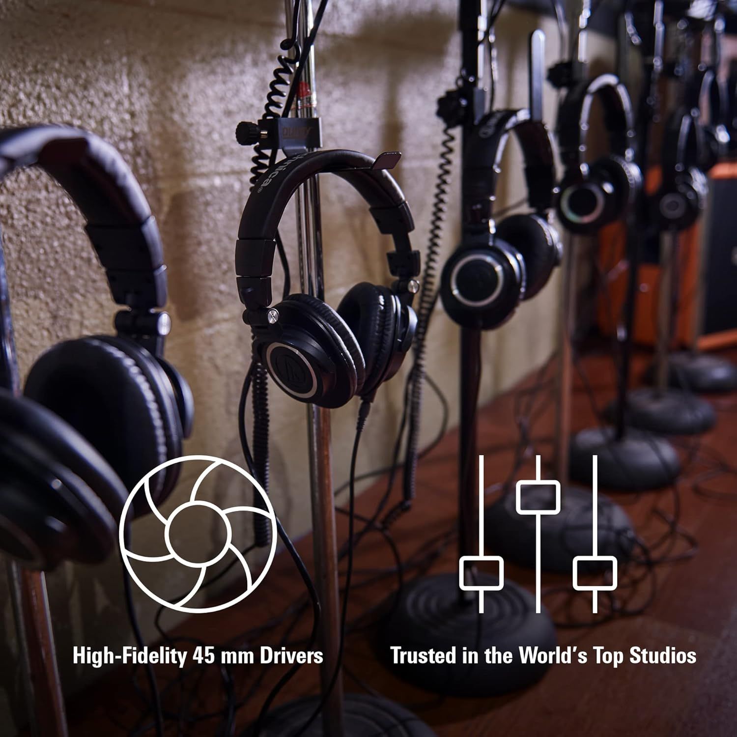 Communicates two key selling points: the technical audio quality through 45mm drivers and the professional credibility by being trusted in top studios.