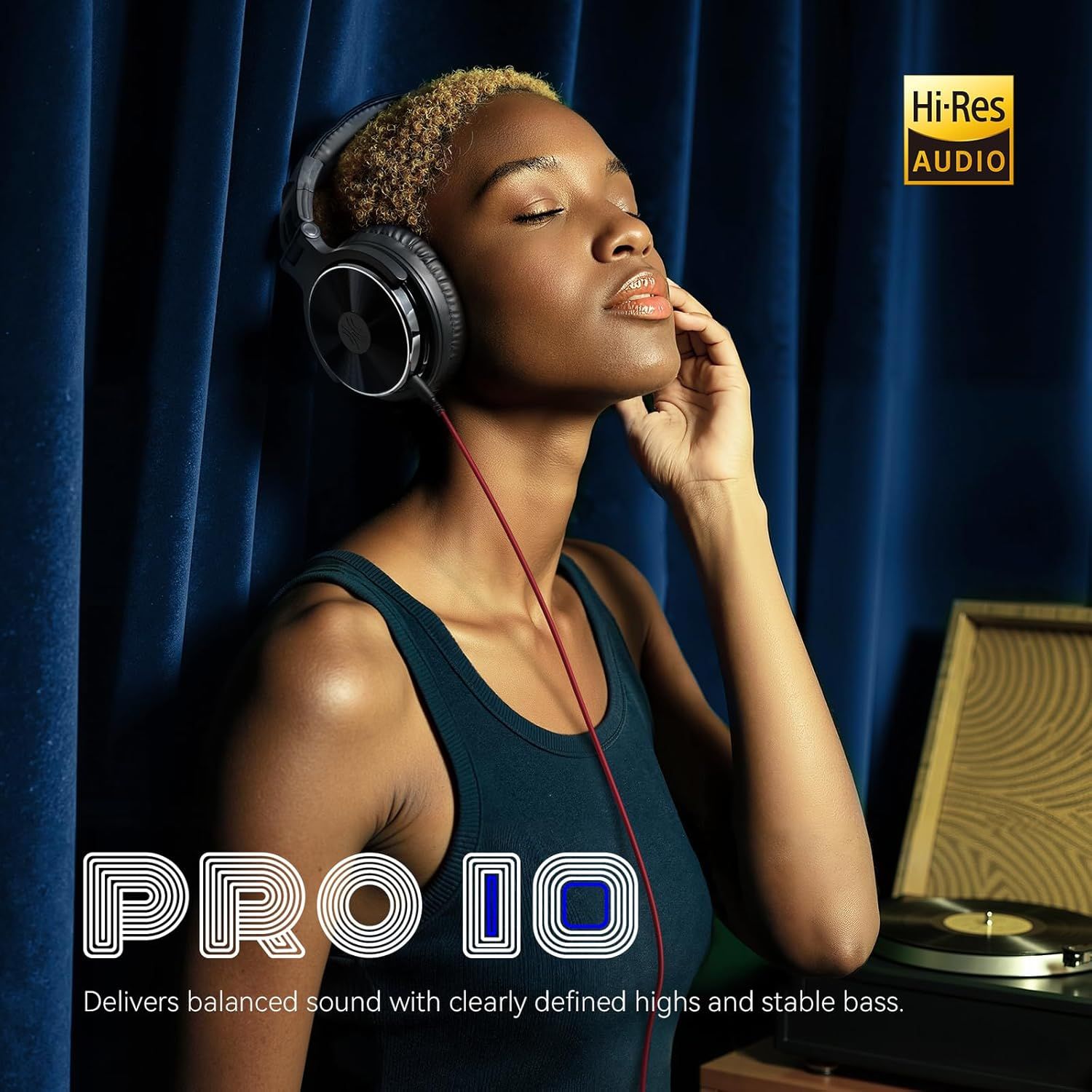 Communicates that the headphones deliver high-resolution audio with balanced sound, clearly defined highs, and stable bass to appeal to audiophiles and quality-conscious shoppers.
